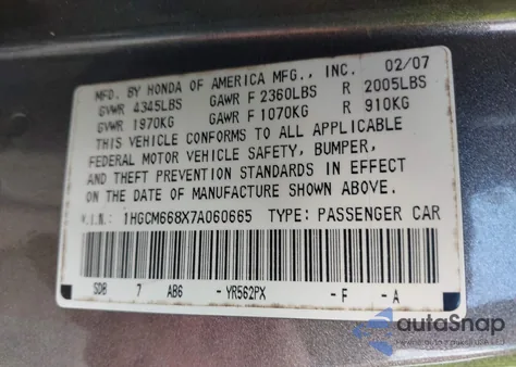 2007 Honda Accord 3.0 Ex z USA, uszkodzony, nr VIN 1HGCM668X7A060665